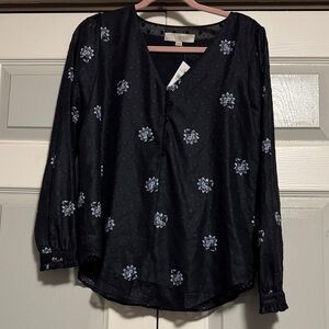 LOFT Black V-Neck Long-Sleeve Blouse with Blue Floral Motif